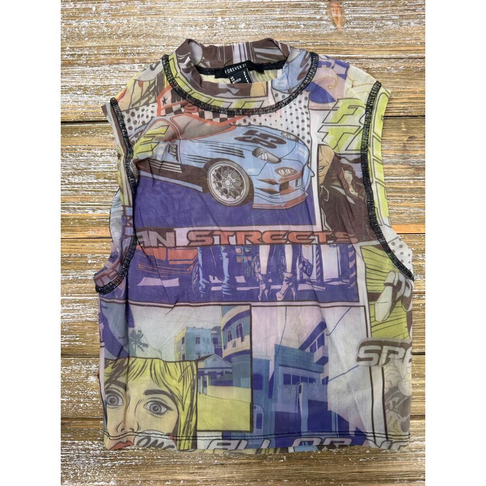 Forever 21 Y2K Tank Top Racing Mesh Women Anime Comic Streetwear Crop Blue Small